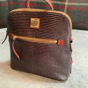 Dooney & Bourke Espresso Lizard Embossed Leather Backpack Brown Tan Trim